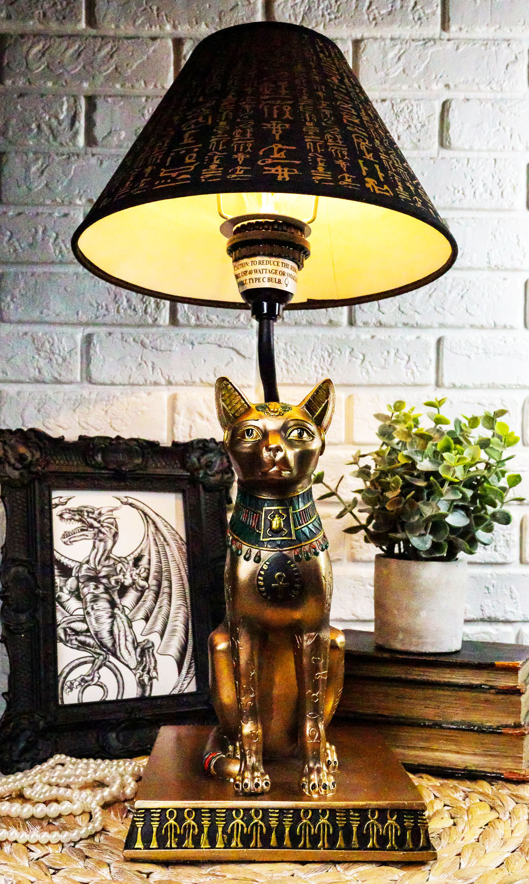 Ebros Bronze Painted Egyptian Goddess Of Home Bastet Cat Table Lamp Hieroglyphic Shade - Ebros Gift