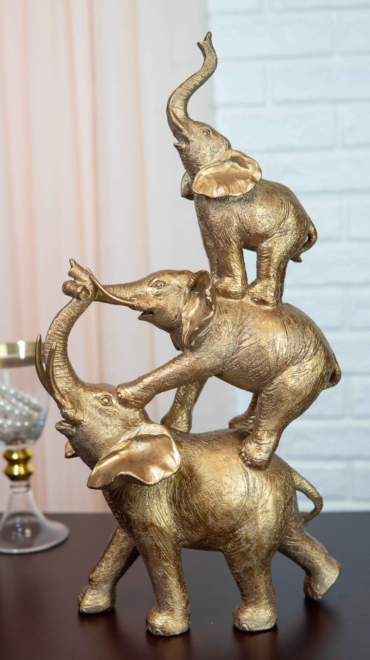 Golden Stacked Balancing Acrobatic Circus African Elephants Family Statue 15"H - Ebros Gift