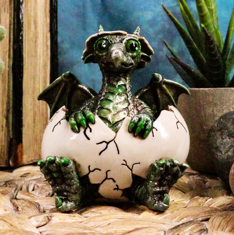 Small Green Whimsical Dragon Baby Hatchling In Egg Statue Fantasy Dragon Egg