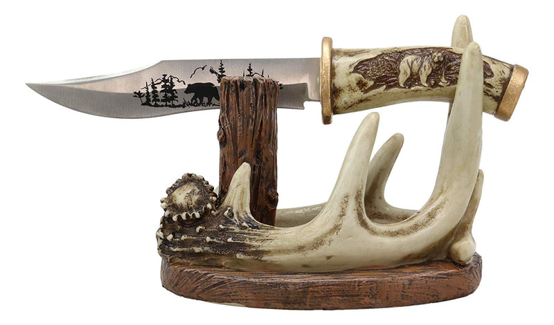 Western Rustic 8 Point Buck Stag Deer Antlers Display With Bear Sculpted Dagger