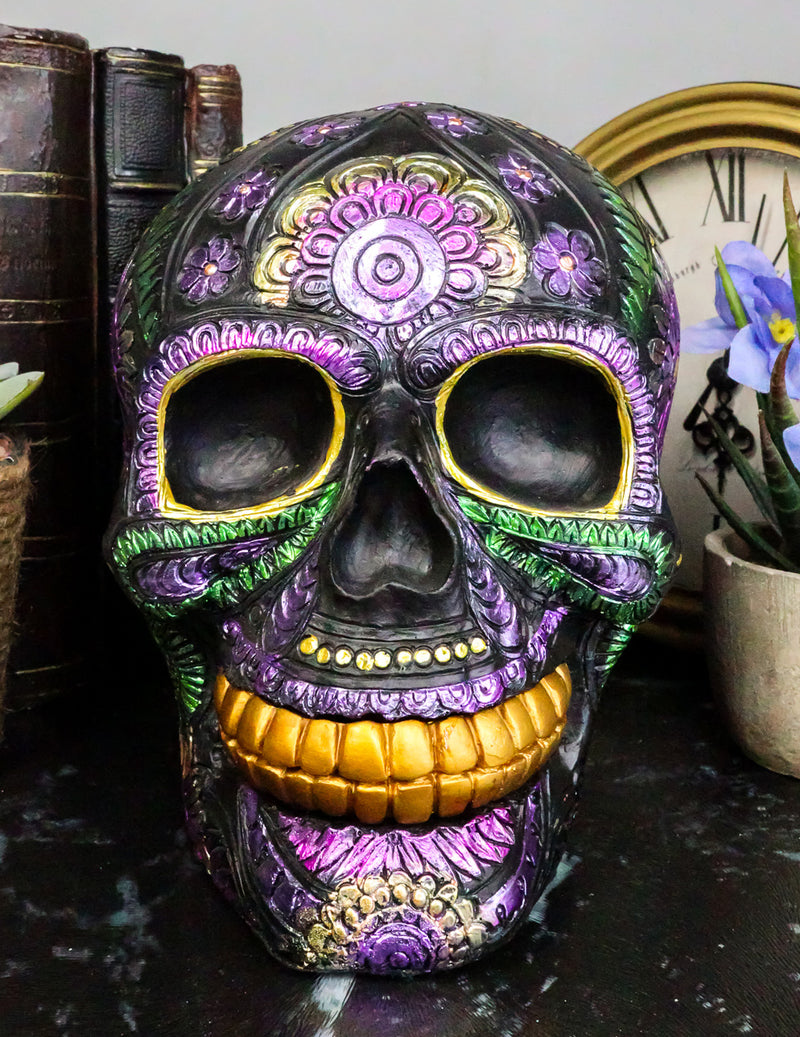 Semi Metallic Black Day of The Dead Floral Sugar Skull Figurine DOD Skulls Decor