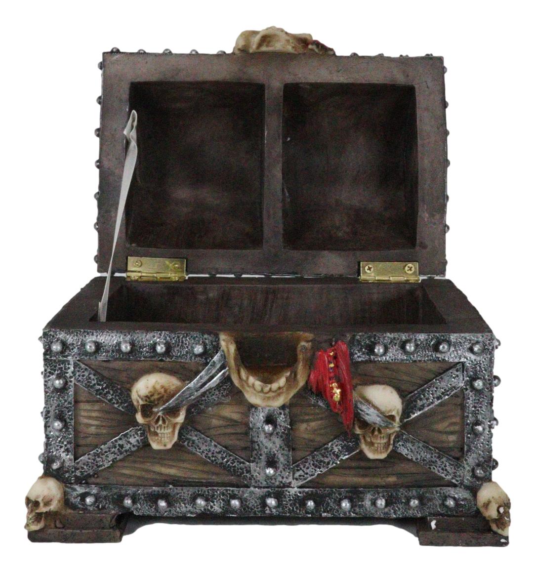 Large Caribbean Pirate Marauder Skull With Criss Cross Blades Treasure Chest Box - Ebros Gift