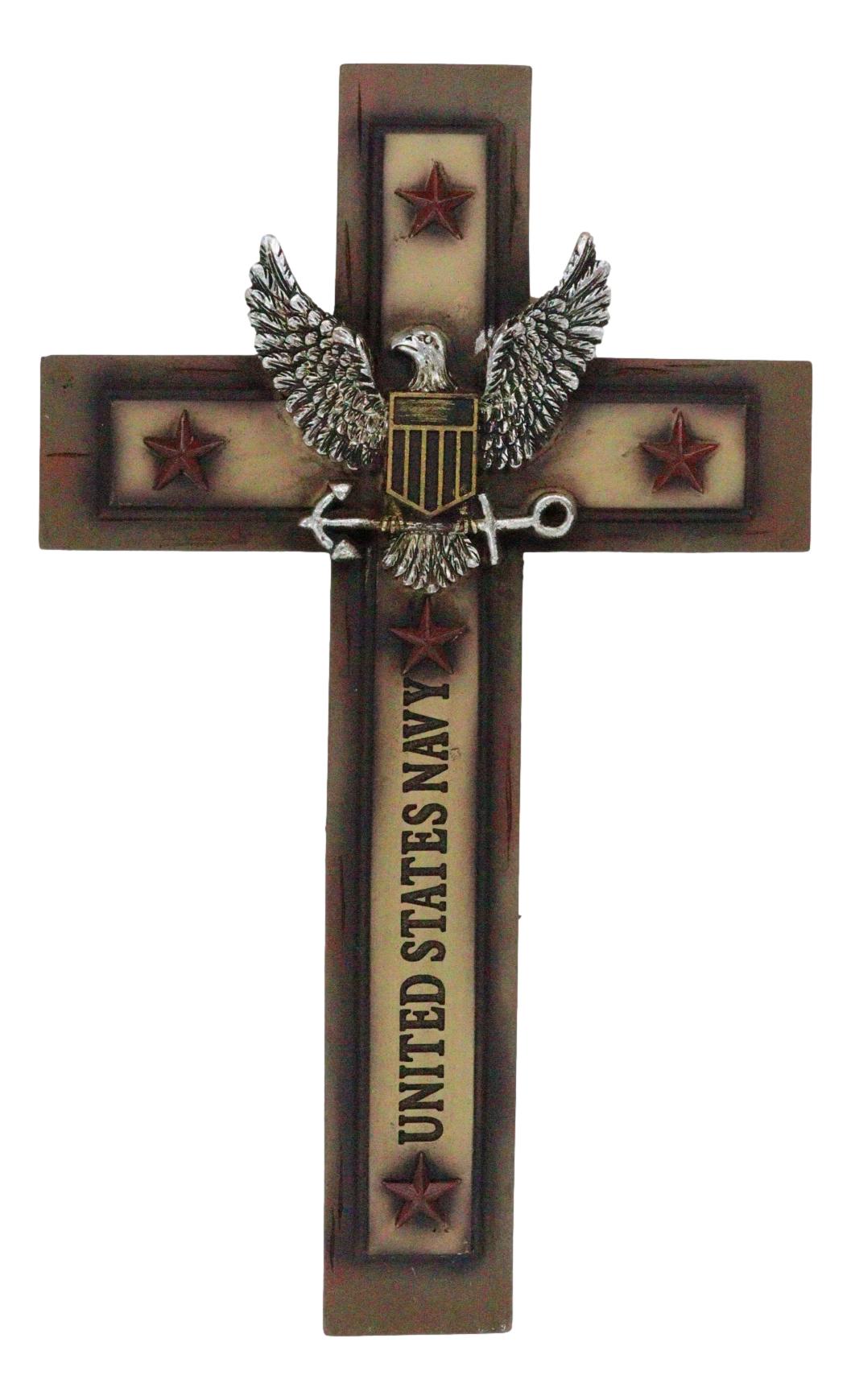 Western Rustic United States Navy with Eagle and Anchor Emblem Wall Cross Plaque - Ebros Gift