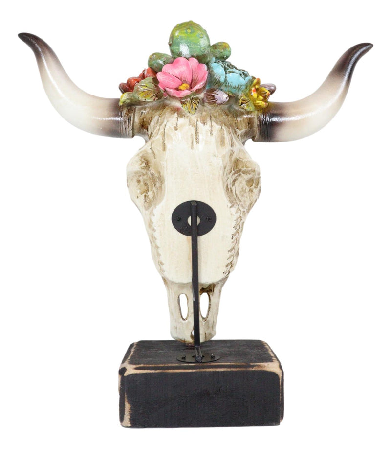 Rustic Western Faux Distressed Wood Bull Cow Skull With Floral Succulents Statue