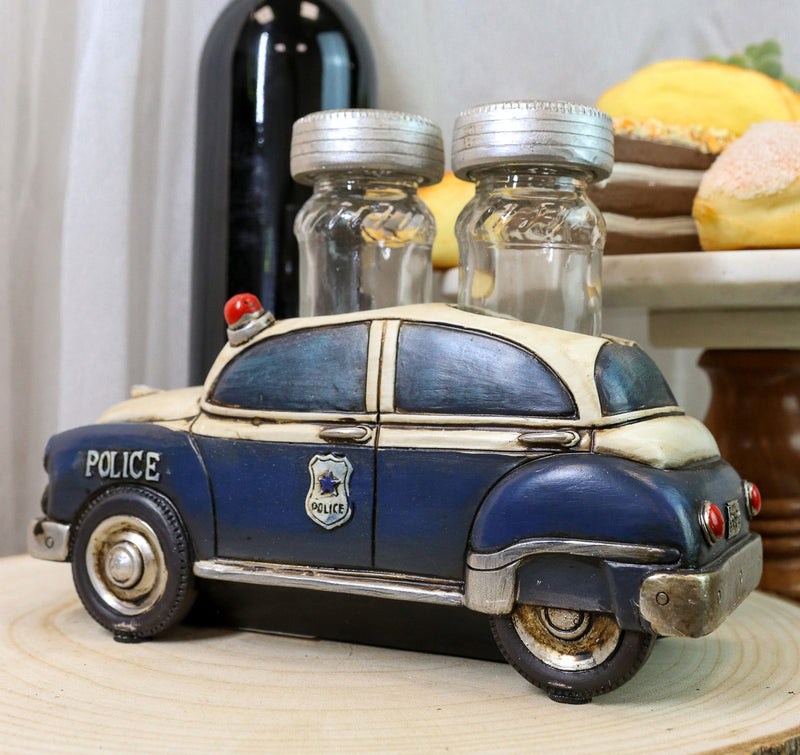 Vintage Blue Police Patrol Car Figurine Holder And Salt Pepper Shakers Set