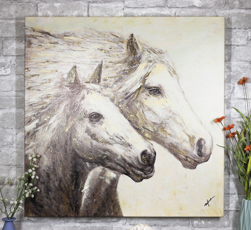 Rustic Country Western 2 Running Horses Canvas Picture Wooden Frame 24"X24"