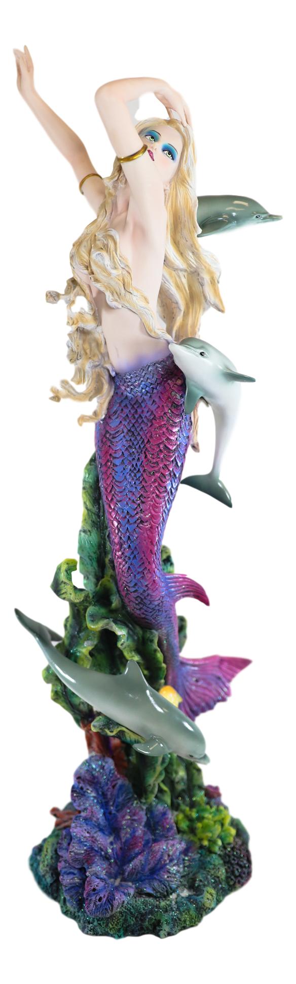 Ebros Large Nouveau Nautical Iris Tail Mermaid Swimming W/  Dolphins Statue 27"H