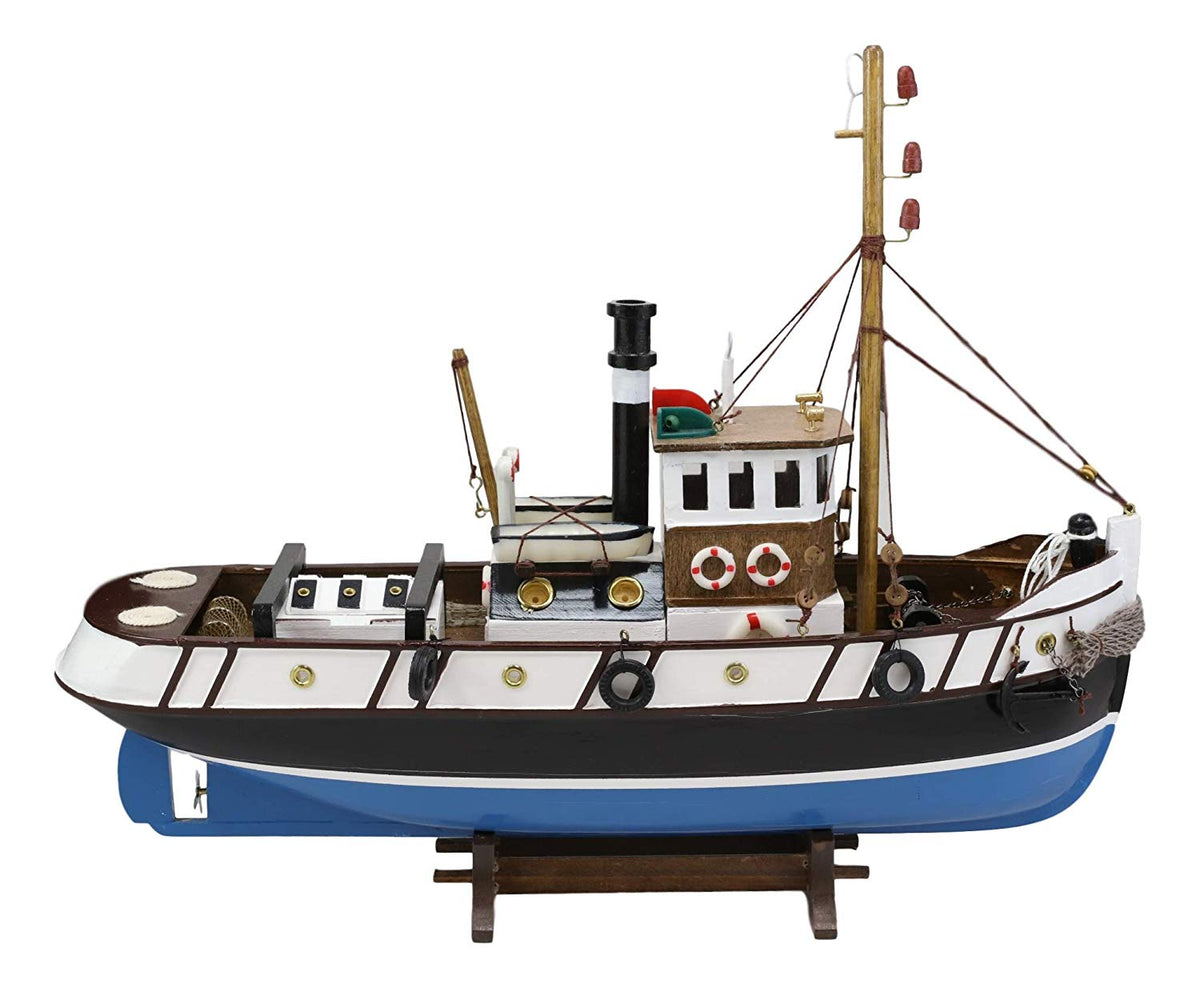 Ebros 17.25"L Blue Wooden Tugboat Boat Model Statue with Wood Base Stand Figure - Ebros Gift