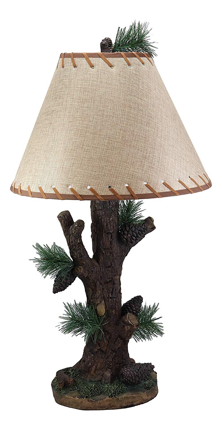 Ebros Large 26.75"H Rustic Cabin Lodge Mountain Vintage Design Decor Pine Tree Needles Pinecones and Bark Textured Side Table Lamp Statue with Shade