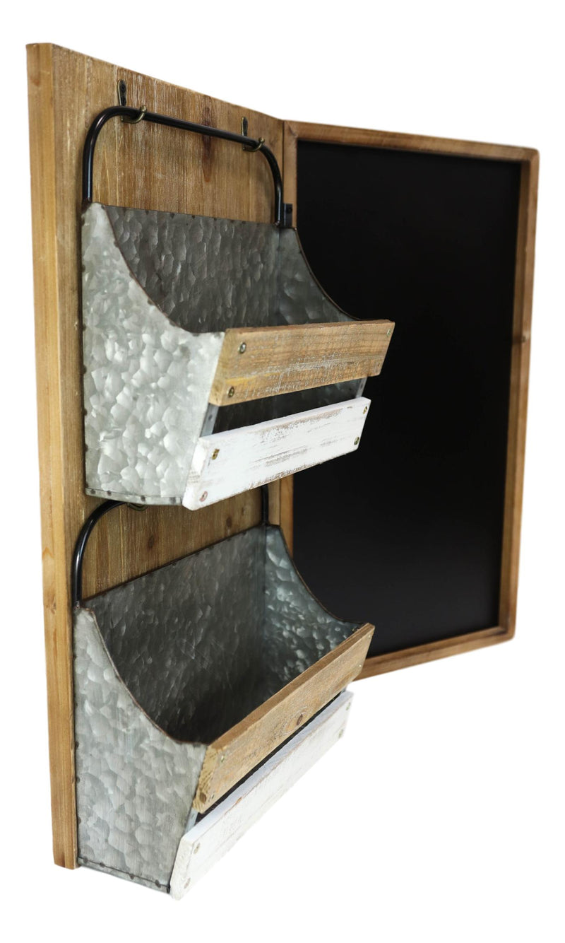 Rustic 23"H Wooden Chalkboard With 2 Metal Mail Pocket Organizer Wall Rack