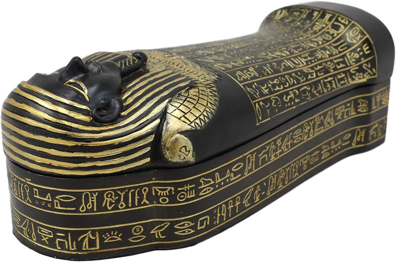 Ebros Black and Gold Egyptian High Priest Horkhebit of Saqqara Sarcophagus Coffin Decorative Box Figurine 7.25" Long Egyptian Temple Tombstone Historical Trinket Jewelry Stash Boxes Decor