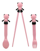 Ebros Gift Pink Panda With Heart Reusable Training Chopsticks With Animated Food Safe Silicone Helper Hinge Guide With Matching Spoon And Fork Set For Sushi Noodles Rice For Adults And Kids Gift Pack