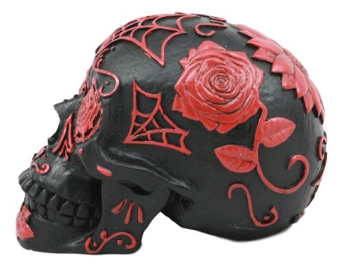 Ebros Day of The Dead Spider Web Floral Red Rose Sugar Skull Figurine
