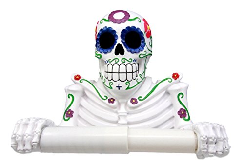 Ebros Gift White Day Of The Dead Sugar Skull Floral Skeleton Toilet Paper Holder Bathroom Wall Decoration Figurine - Ebros Gift
