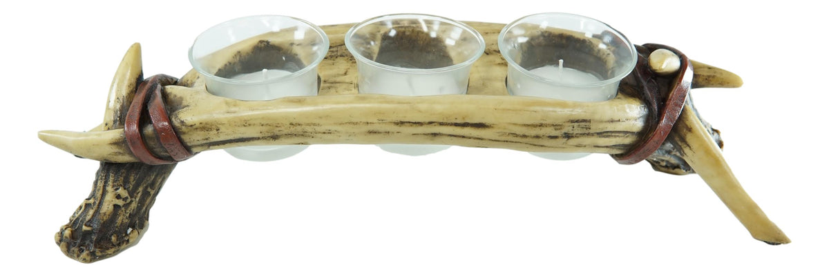 Rustic Buck Elk Deer Stag Entwined Bone Antlers 3 Votive Candles Holder Figurine