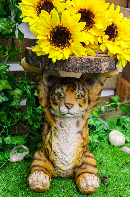 Jungle Bengal Orange Tiger Cub Holding Faux Wood Slice Table Stand Figurine