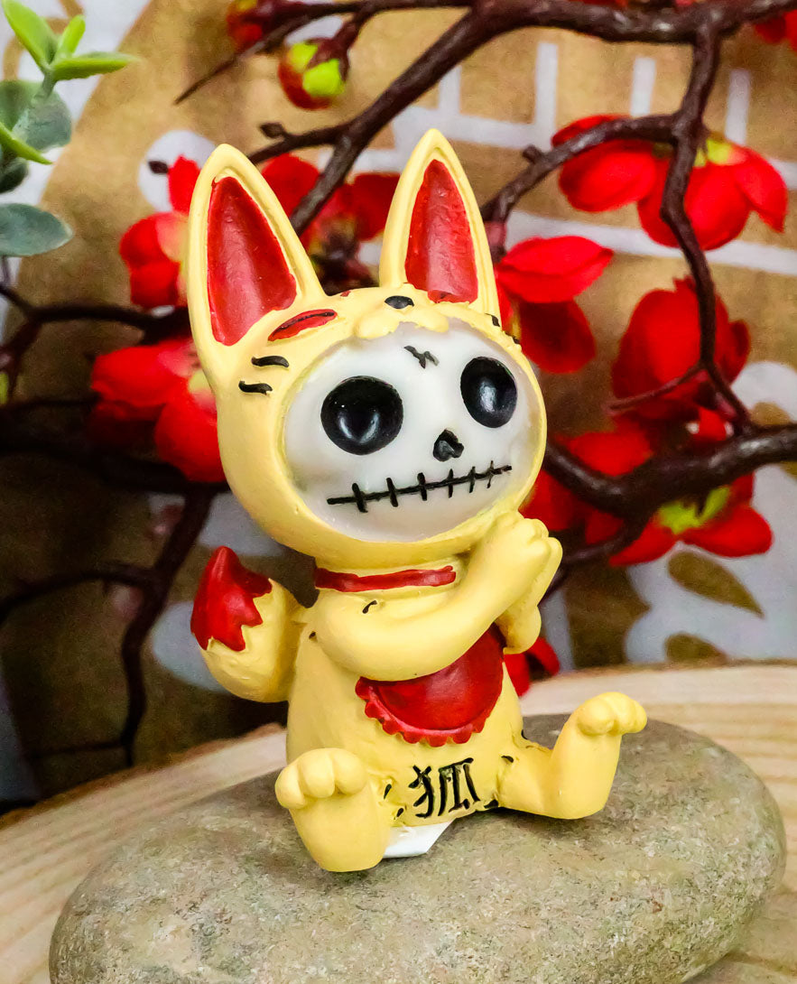 Ebros Japanese Beckoning Fox Maneki Kitsune Furry Bones Figurine 3" Tall Furrybones Skeleton Collectible Statue - Ebros Gift