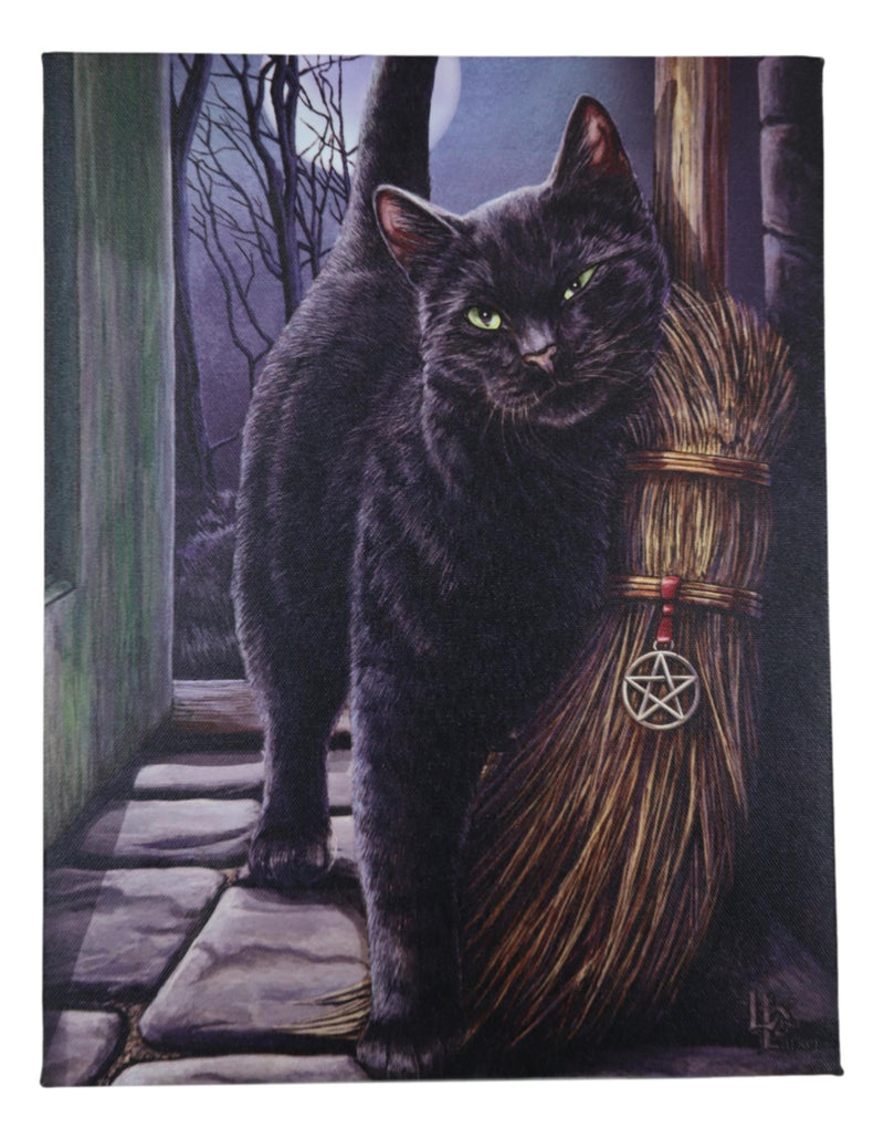 Brush With Magick Black Cat With Pentagram Broom Wood Framed Canvas Wall Decor