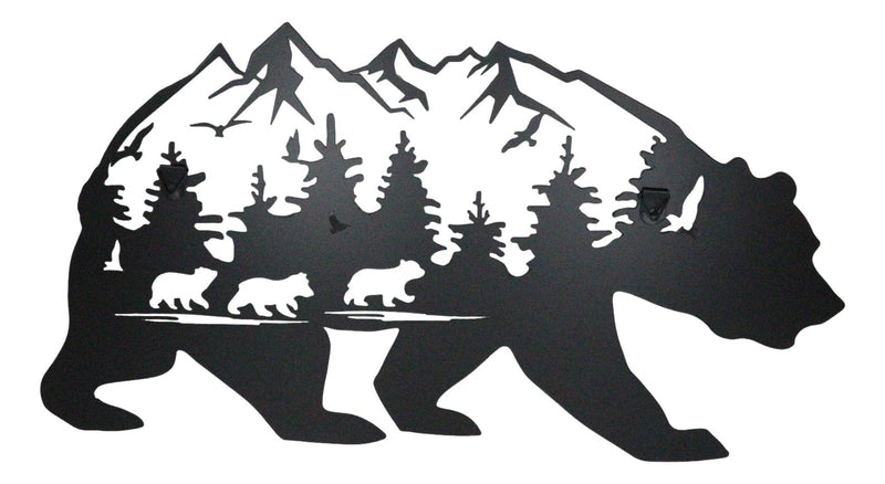 Rustic Scenic Black Bear With Cubs Pine Forest Mountains Wall Metal Cutout Decor