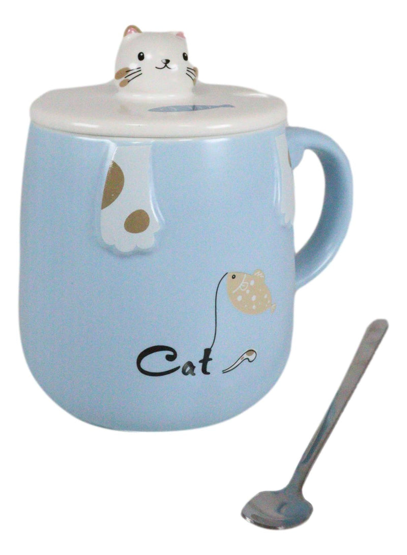 Pack Of 2 Blue Calico Cat Catching Fish Tea Coffee Mug With Lid And Spoon 15oz