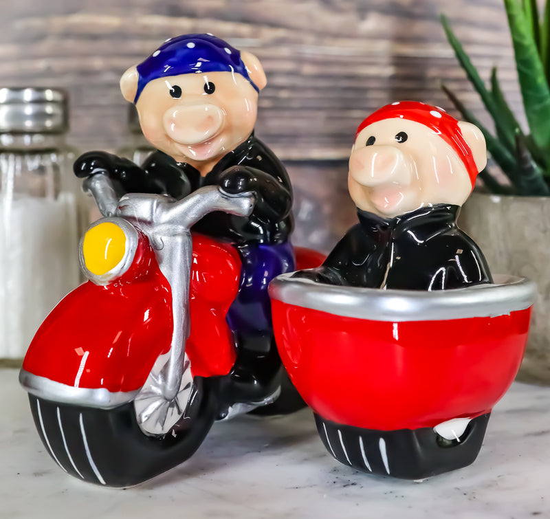 Hog Riders Biker Pig Couple Riding Motorcycle Side Car Rig Salt Pepper Shakers