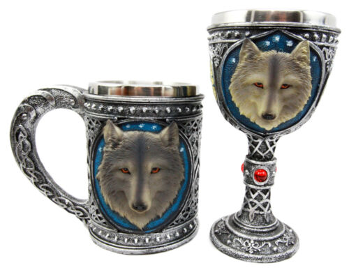 Large Celtic Blue Alpha Gray Wolf Mug And Wolf Wine Goblet Chalice Cup Set of 2