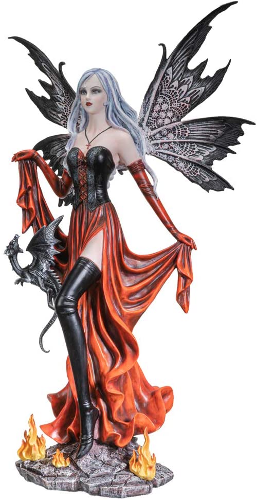 Ebros Goddess Fire Fairy W/ Black Dragon Resin Statue Home Decor Figurine 24.5"H
