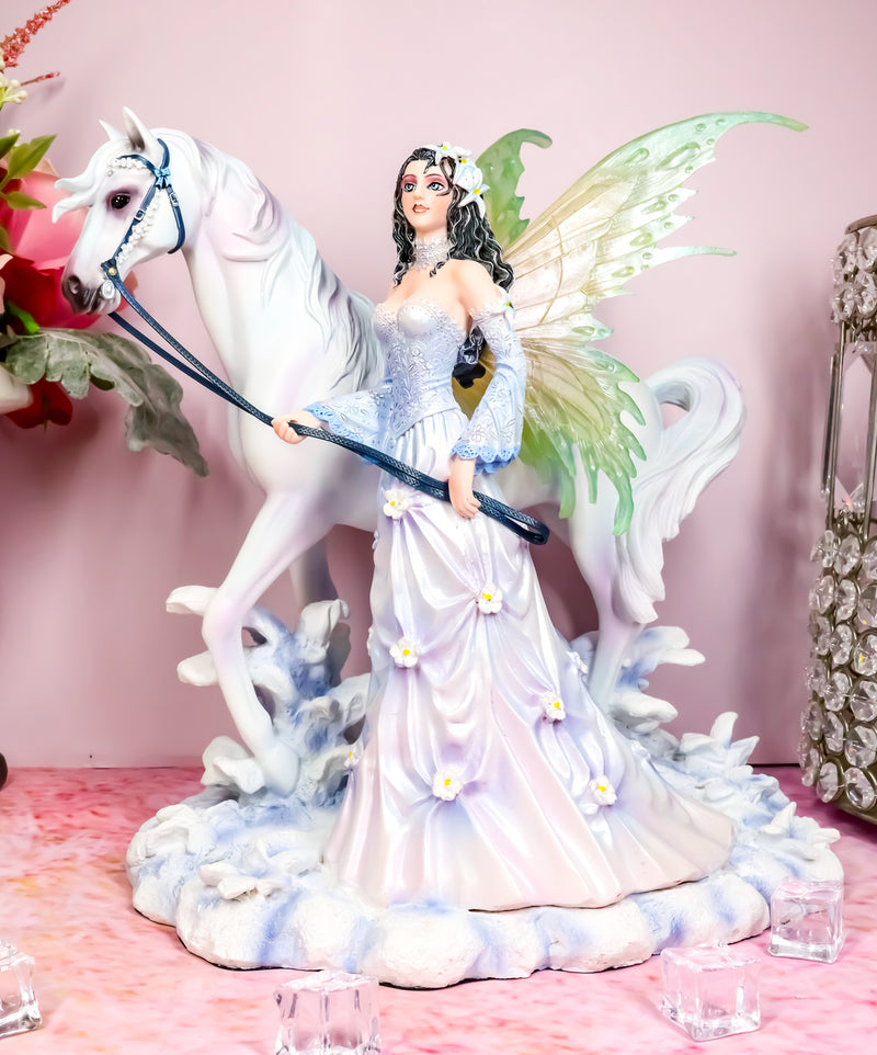 Ebros Aurora Borealis Winter Fairy with Sacred White Horse Statue 10" Long by Nene Thomas Decorative Mythical Fantasy Figurine Collectible