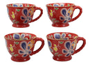 Ebros Colorful Vintage Victorian Style Floral Spring Blossoms Ceramic 14oz Mugs With Comfort Ridged Handle Set of 4 Coffee Tea Drink Cups (Red)