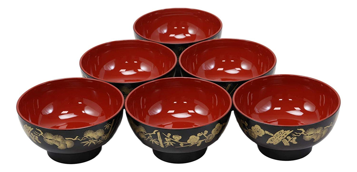 Ebros Made In Japan Black Red And Royal Gold Lacquer Copolymer Bowl 8oz Set Of 6