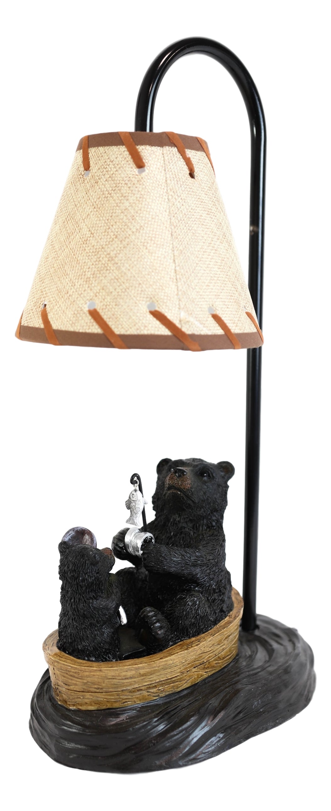 Rustic Forest Papa And Cub Black Bears Fishing From Canoe Boat Table Lamp Statue