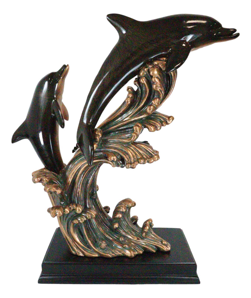 Large 23"H Nautical Marine 2 Bottlenose Dolphins Leaping Over Ocean Waves Statue