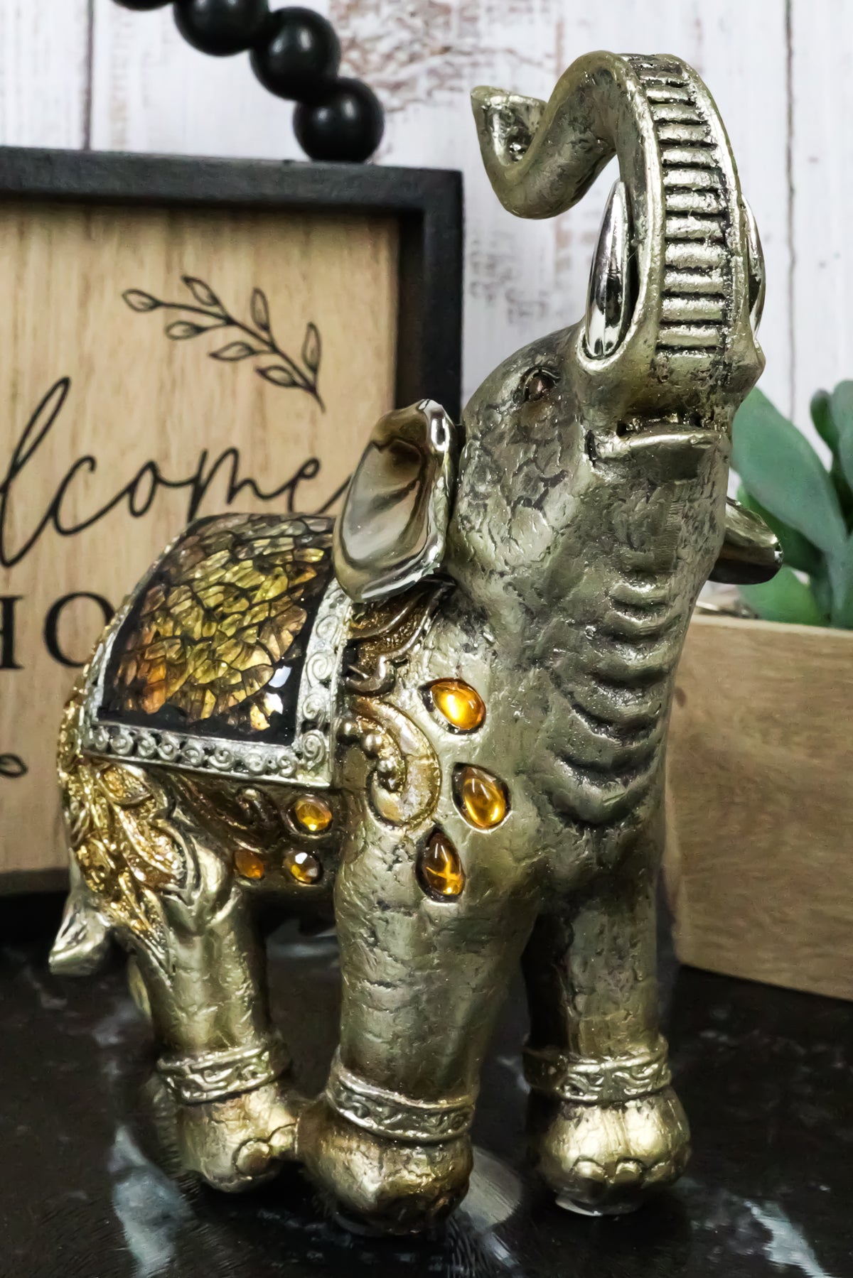 Ebros Bejeweled Mosaic Right Facing Feng Shui Elephant With Trunk Up Statue 6"H