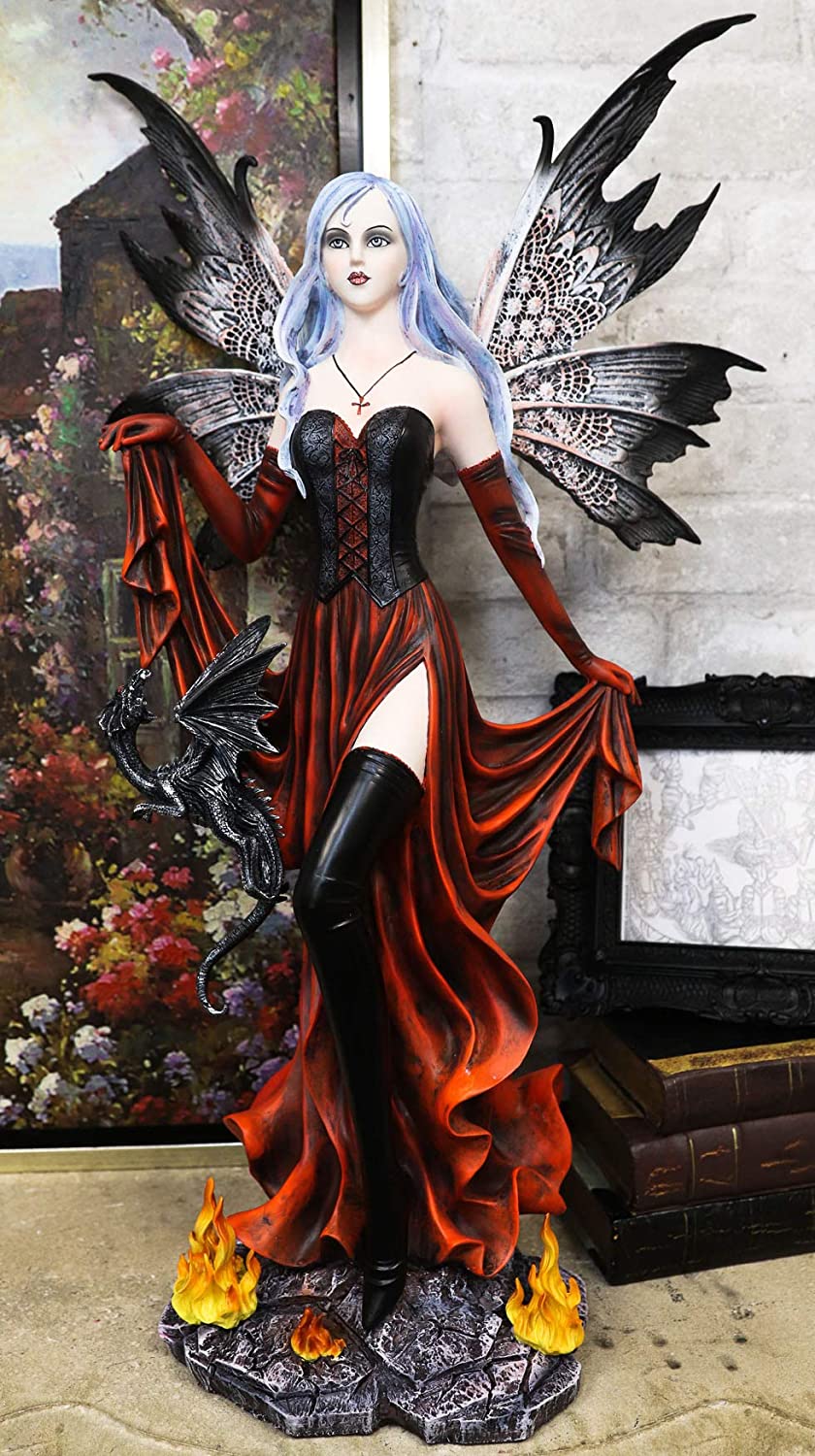 Ebros Goddess Fire Fairy W/ Black Dragon Resin Statue Home Decor Figurine 24.5"H