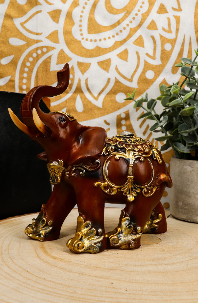 Thai Buddhism Decorated Feng Shui Elephant With Trunk Up Left Facing Figurine