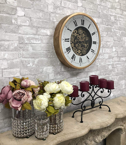 Ebros Large 18.25"Diameter Vintage Antique Design Gold Steampunk Wall Clock With Complex Mechanical Moving Gears Mirror Face Roman Numerals Victorian Industrial Accent Clockwork Gearwork Decor Clocks - Ebros Gift