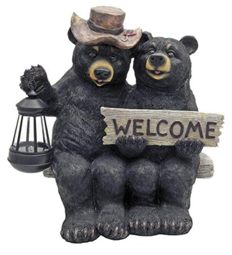 Ebros So Happy Together Black Bears Welcome Garden Statue With Solar LED Lantern