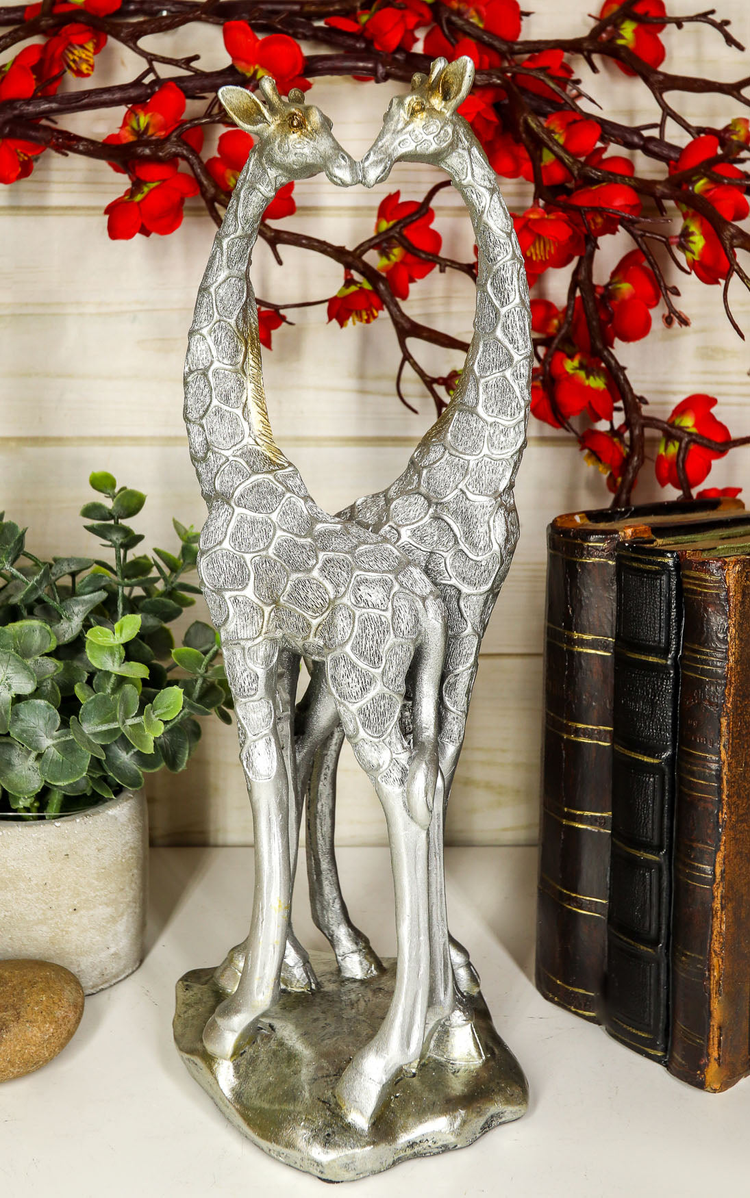 Ebros Large Silver Giraffe Lovers Couple Statue 12.5" Tall Safari Savannah Standing Giraffe Husband and Wife with Heart Shaped Neck Figurine Decor for Valentine's Day Anniversary Birthday Gift - Ebros Gift