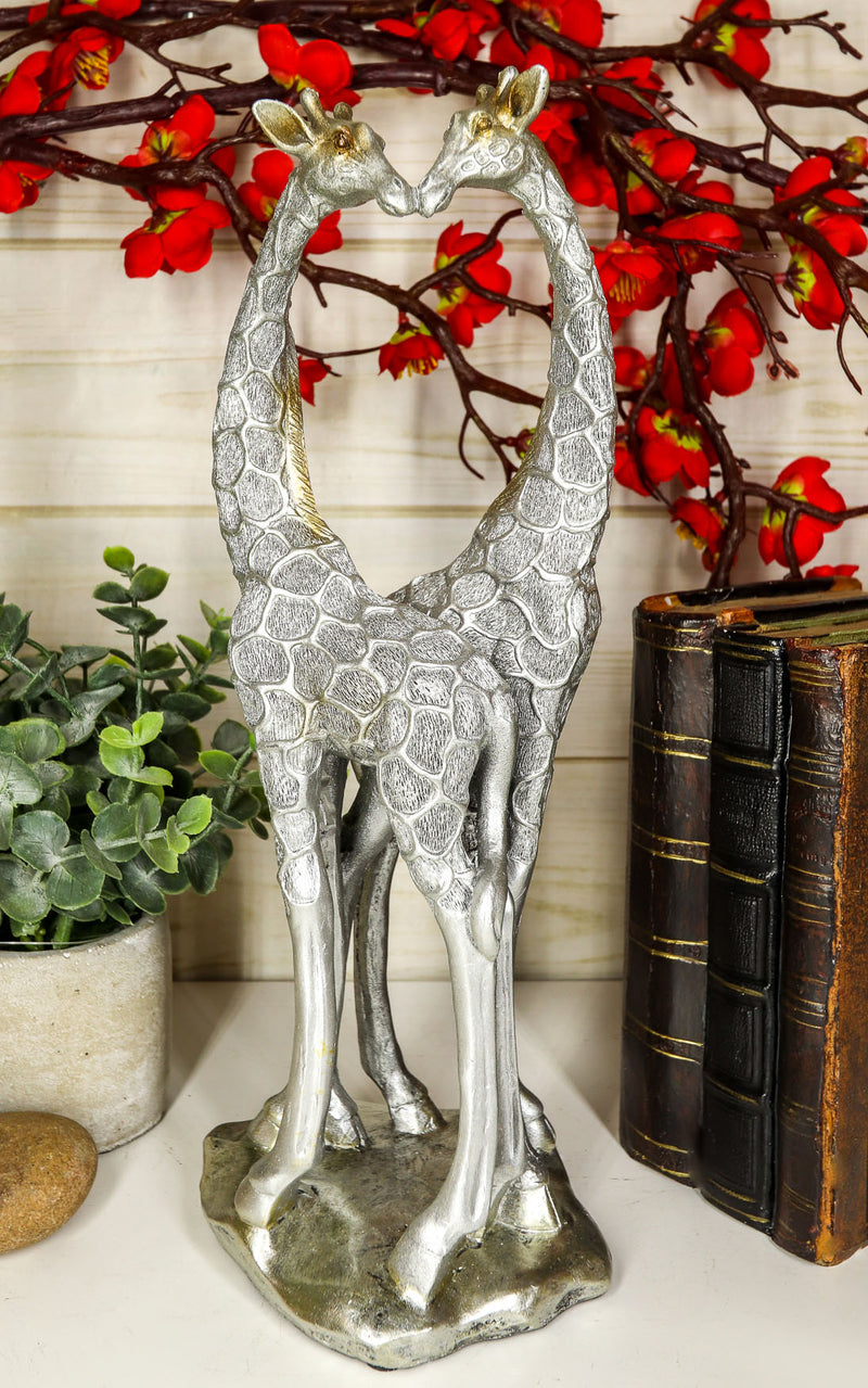 Ebros Large Silver Giraffe Lovers Couple Statue 12.5" Tall Safari Savannah Standing Giraffe Husband and Wife with Heart Shaped Neck Figurine Decor for Valentine's Day Anniversary Birthday Gift