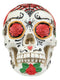 White Sunflower Floral Day of the Dead Sugar Skull With Eyes Of Red Roses Statue