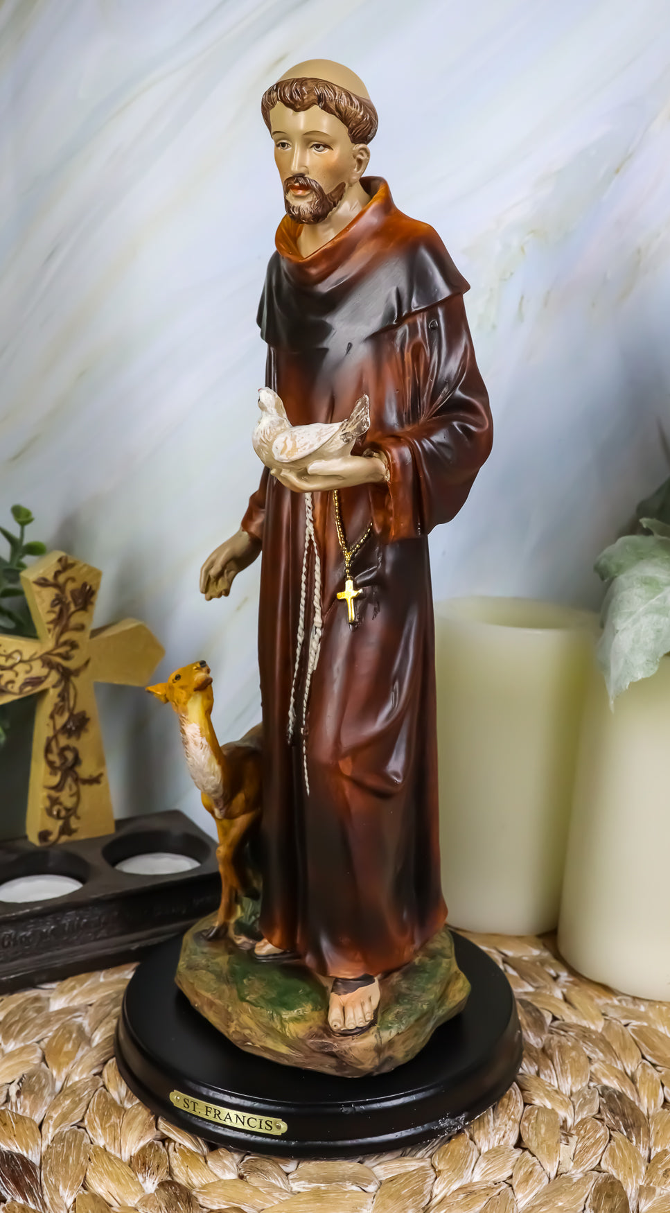 Ebros Gift Holy Catholic Saint Francis of Assisi with Dove and Deer Statue and Brass Name Plate 12.25" H Devoted Monk Patron of Animals & Environment Servant of Christ Altar Figurine Sculpture - Ebros Gift