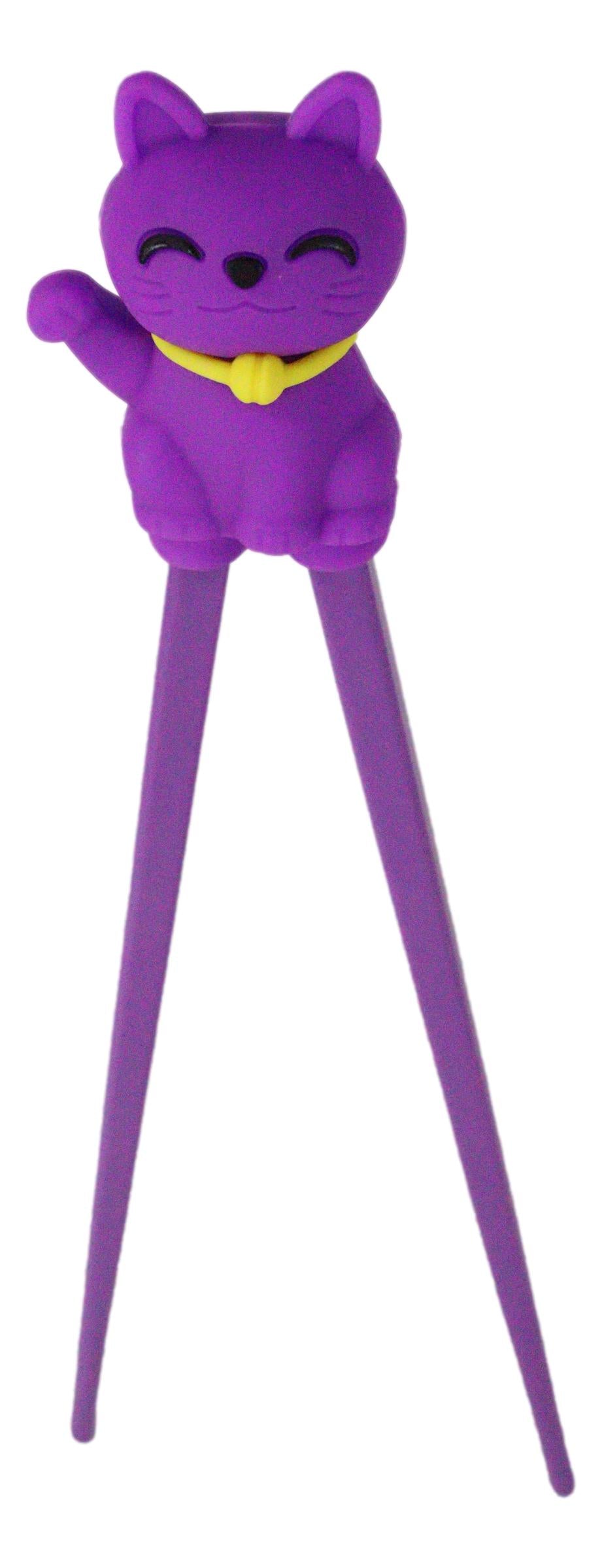 Purple Maneki Neko Lucky Cat Reusable Training Chopsticks Set W/ Silicone Helper - Ebros Gift