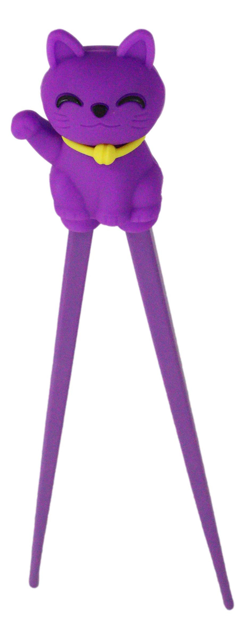 Purple Maneki Neko Lucky Cat Reusable Training Chopsticks Set W/ Silicone Helper