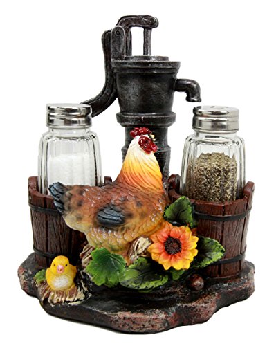 Farm Irrigation Well Pump Chicken Hen Salt Pepper Shakers Holder Figurine Set - Ebros Gift