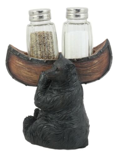 Black Bear Salt and Pepper Shakers Set 5"H Papa Bear Carrying A Canoe Statue