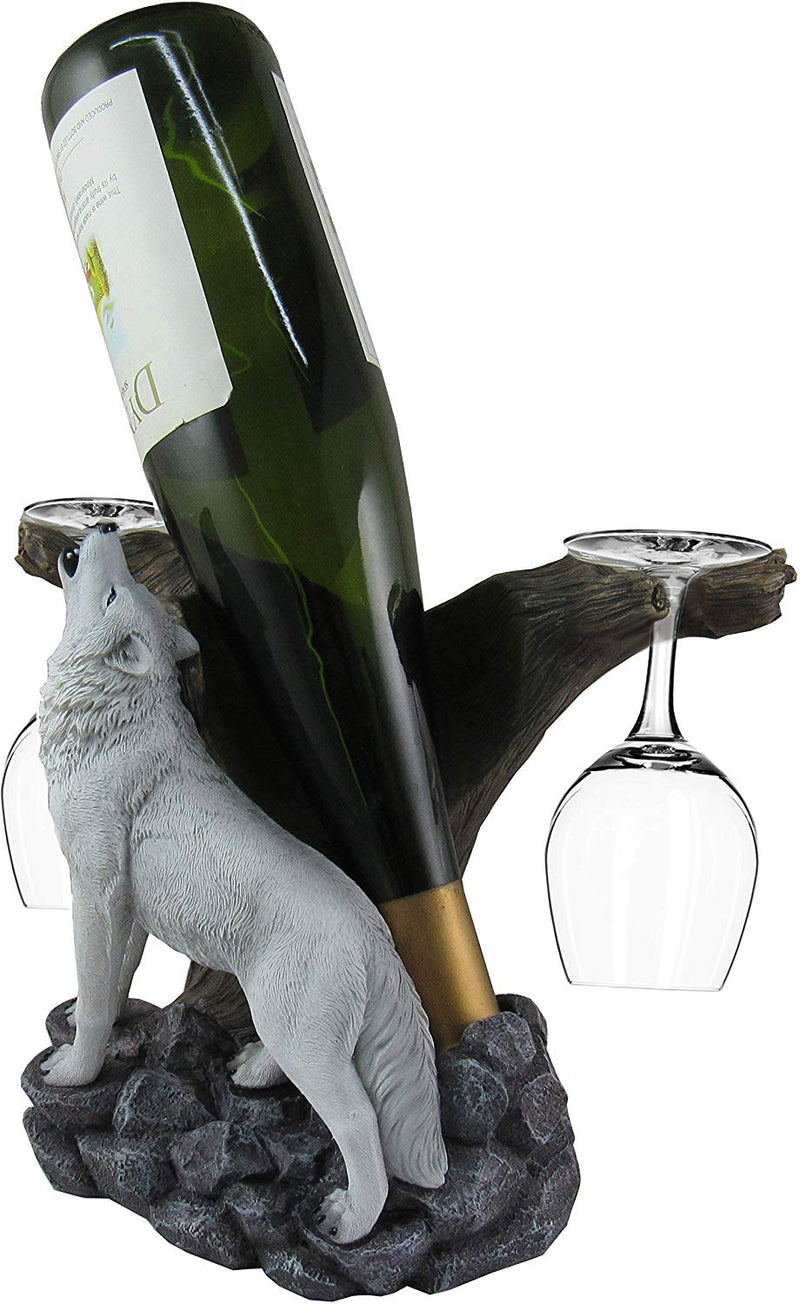 Ebros Wine of The Wild Howling White Wolf Wine Holder Set with Glasses, 10-inch