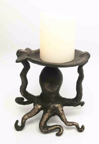 Nautical Ocean Reef Kraken Octopus With Sea Shell Pillar Candleholder Figurine - Ebros Gift