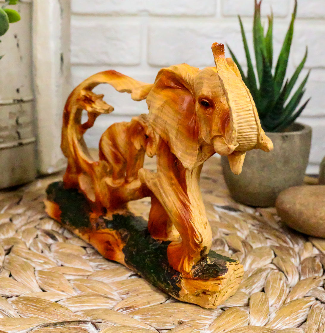Faux Wood Elephant Family Migration Elephant Walking With Baby Calf Statue 7"L - Ebros Gift