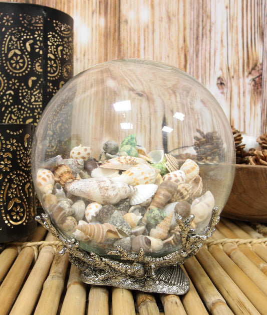 Nautical Marine Sea Shells Glass Globe Ball On Silver Coral Reef Metal Sculpture