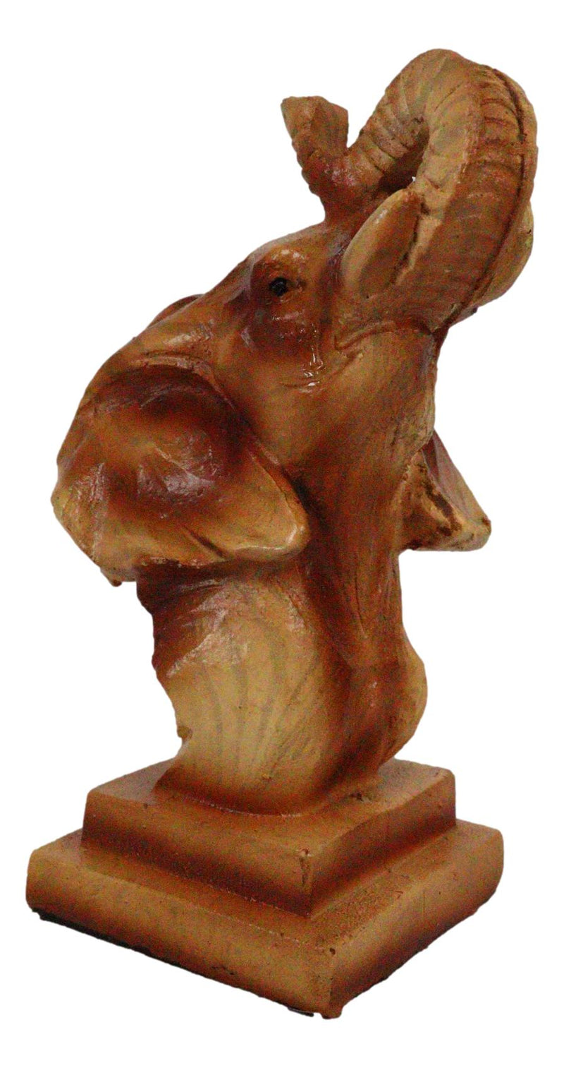 Small Safari Wildlife Elephant Bust With Trunk Up Faux Wood Carving Figurine